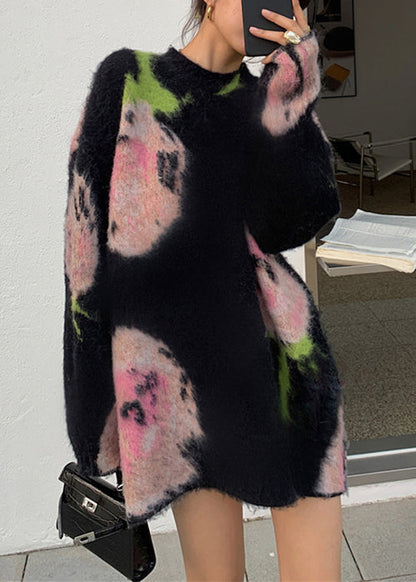 Schickes schwarzes O-Ausschnitt-Kuscheliges Baumwollstrick-Mittelkleid mit langen Ärmeln