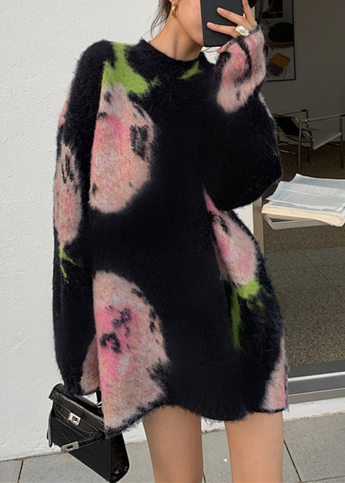 Schickes schwarzes O-Ausschnitt-Kuscheliges Baumwollstrick-Mittelkleid mit langen Ärmeln