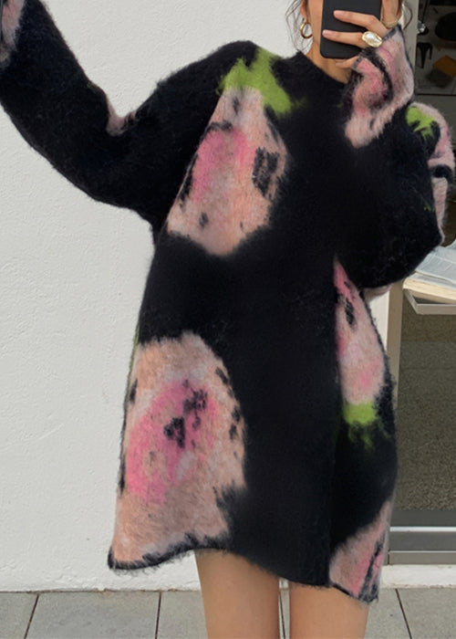 Schickes schwarzes O-Ausschnitt-Kuscheliges Baumwollstrick-Mittelkleid mit langen Ärmeln