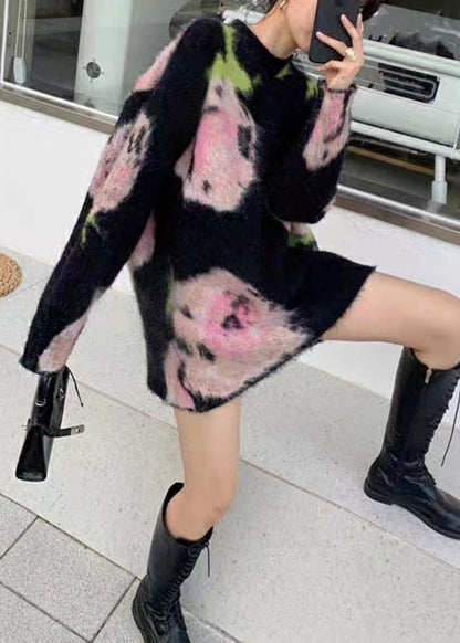 Schickes schwarzes O-Ausschnitt-Kuscheliges Baumwollstrick-Mittelkleid mit langen Ärmeln