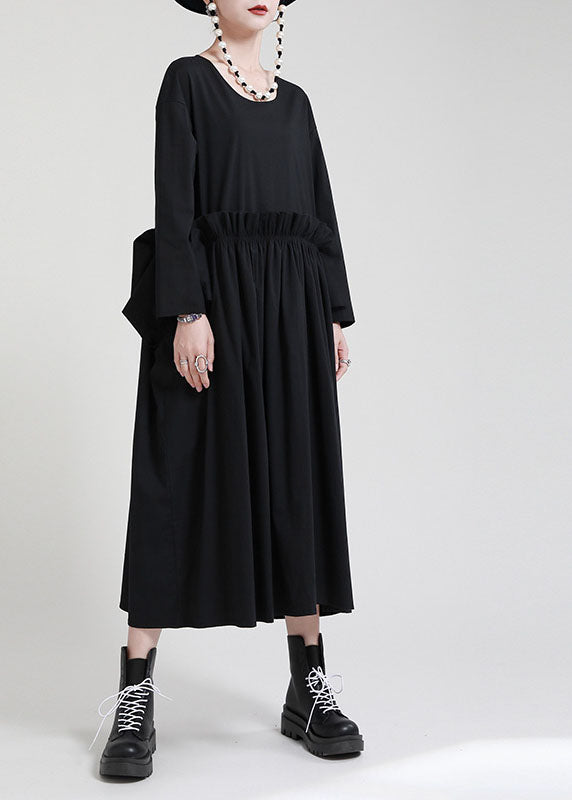 Schickes schwarzes O-Ausschnitt Patchwork Taschen Herbstkleid Langarm