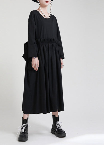 Schickes schwarzes O-Ausschnitt Patchwork Taschen Herbstkleid Langarm