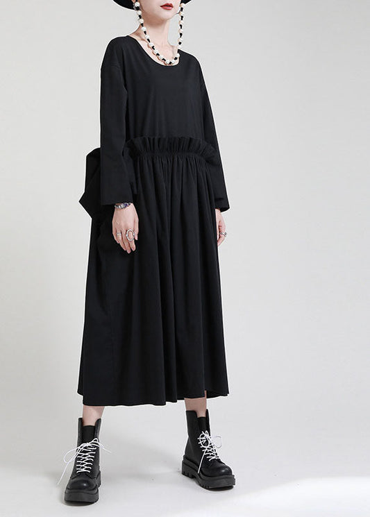 Schickes schwarzes O-Ausschnitt Patchwork Taschen Herbstkleid Langarm