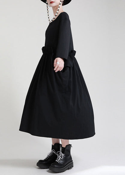 Schickes schwarzes O-Ausschnitt Patchwork Taschen Herbstkleid Langarm