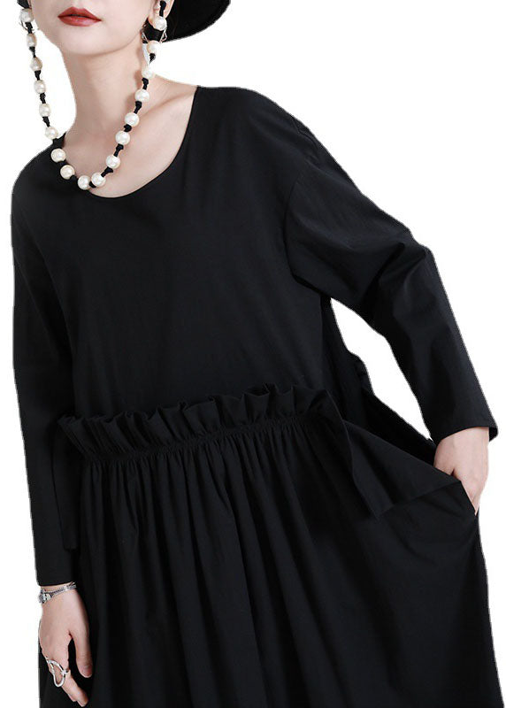 Schickes schwarzes O-Ausschnitt Patchwork Taschen Herbstkleid Langarm