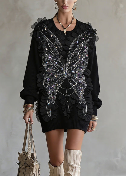 Chic Black O-Neck Sequins Top Lantern Sleeve