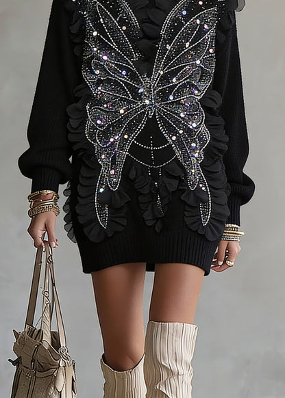 Chic Black O-Neck Sequins Top Lantern Sleeve