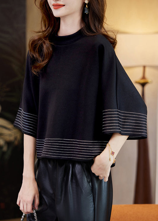 Chic Black O-Neck Striped Patchwork Tops Batwing Sleeve