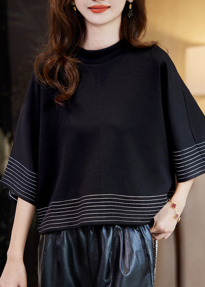 Chic Black O-Neck Striped Patchwork Tops Batwing Sleeve