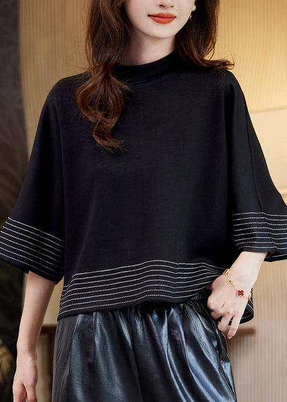 Chic Black O-Neck Striped Patchwork Tops Batwing Sleeve