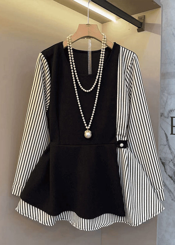 Schicke schwarze Oversize-Baumwoll-Patchwork-Tops im Zweiteiler-Look für den Frühling