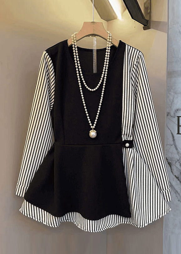 Schicke schwarze Oversize-Baumwoll-Patchwork-Tops im Zweiteiler-Look für den Frühling