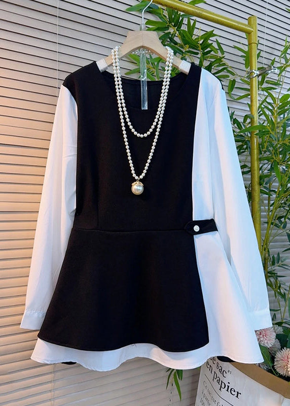 Schicke schwarze Oversize-Baumwoll-Patchwork-Tops im Zweiteiler-Look für den Frühling