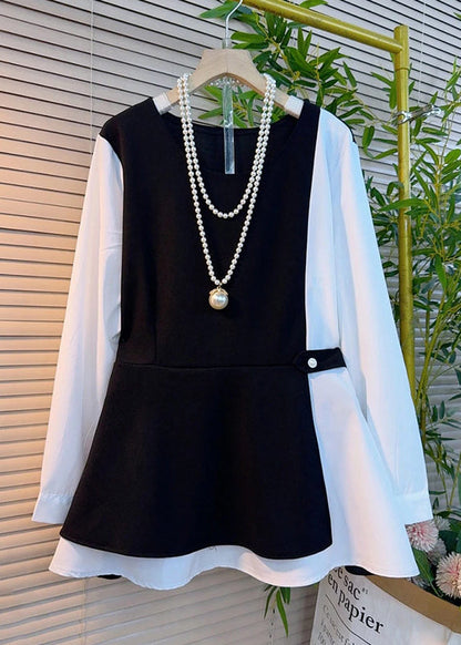 Schicke schwarze Oversize-Baumwoll-Patchwork-Tops im Zweiteiler-Look für den Frühling