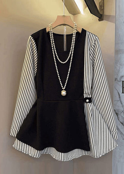 Schicke schwarze Oversize-Baumwoll-Patchwork-Tops im Zweiteiler-Look für den Frühling