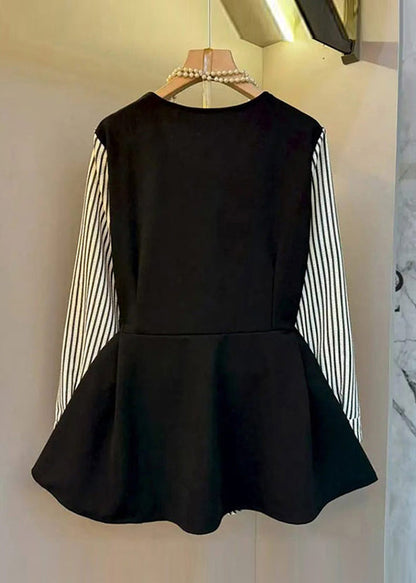 Schicke schwarze Oversize-Baumwoll-Patchwork-Tops im Zweiteiler-Look für den Frühling