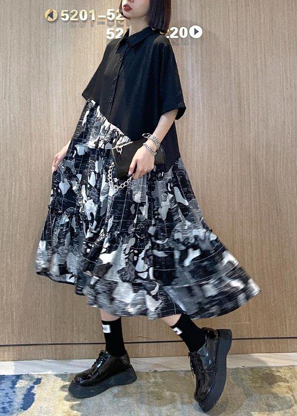 Chic Black Patchwork Print Cotton Button Summer Maxi Dress - SooLinen