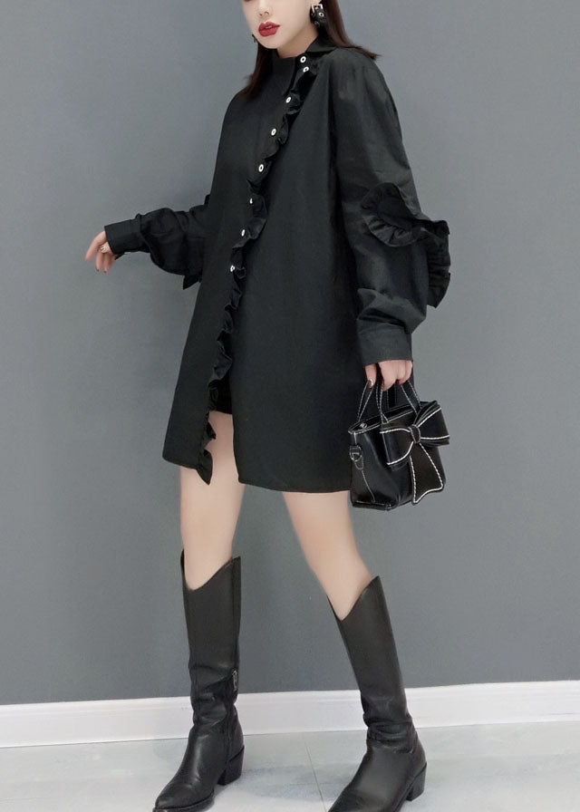 Chic Schwarz Peter Pan Kragen Asymmetrische Rüschen Baumwolle Hemd Tops Frühling