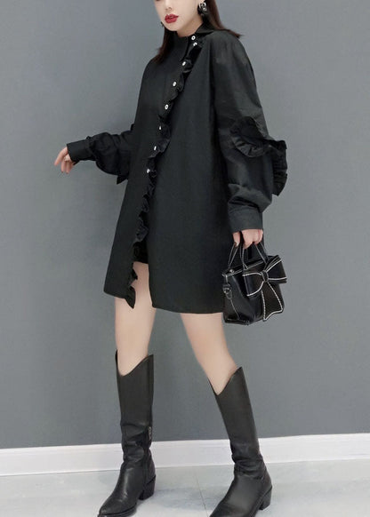 Chic Schwarz Peter Pan Kragen Asymmetrische Rüschen Baumwolle Hemd Tops Frühling