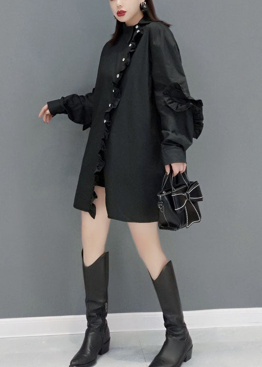 Chic Schwarz Peter Pan Kragen Asymmetrische Rüschen Baumwolle Hemd Tops Frühling