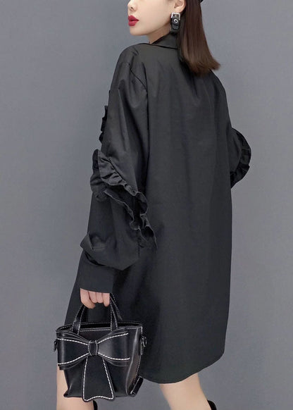 Chic Schwarz Peter Pan Kragen Asymmetrische Rüschen Baumwolle Hemd Tops Frühling