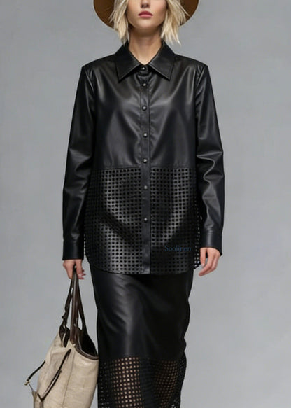 Chic Black Peter Pan Collar Hollow Out Faux Leather Two Piece Set Spring