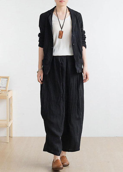 Chic Black Peter Pan Collar Linen Spring Jackets - SooLinen