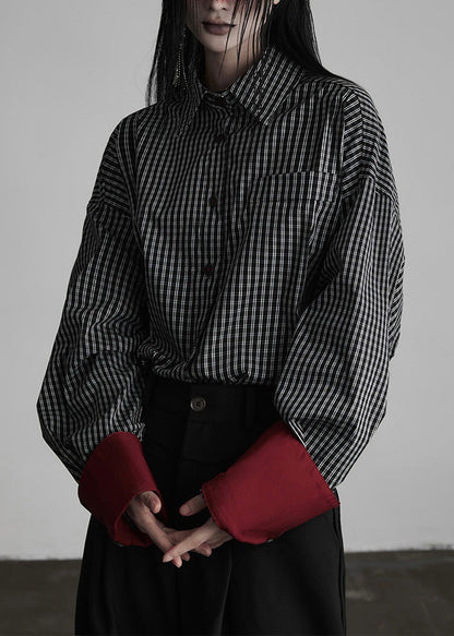 Chic Black Peter Pan Collar Plaid Button Cotton Shirts Spring