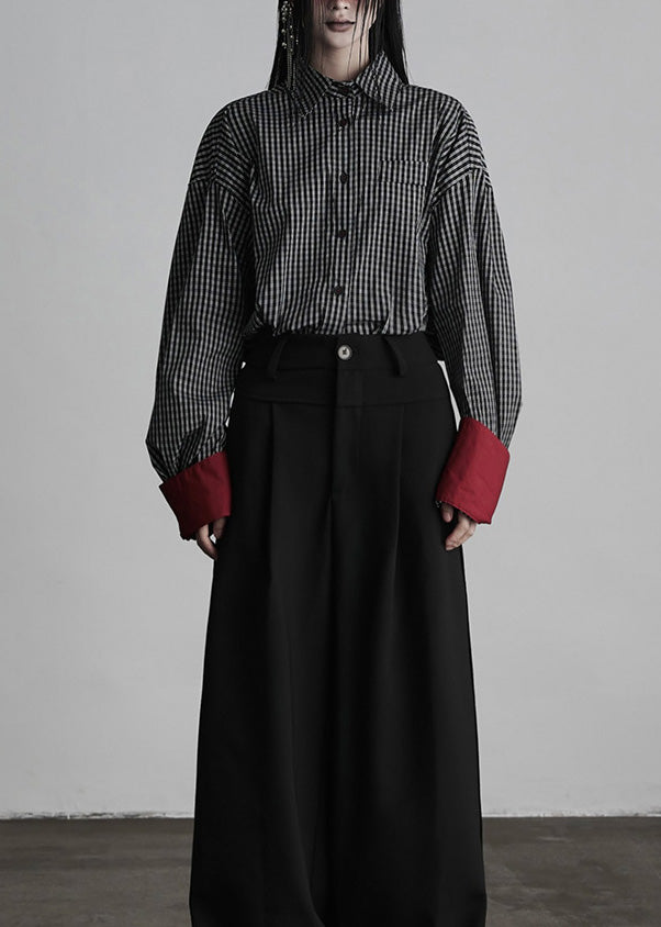 Chic Black Peter Pan Collar Plaid Button Cotton Shirts Spring