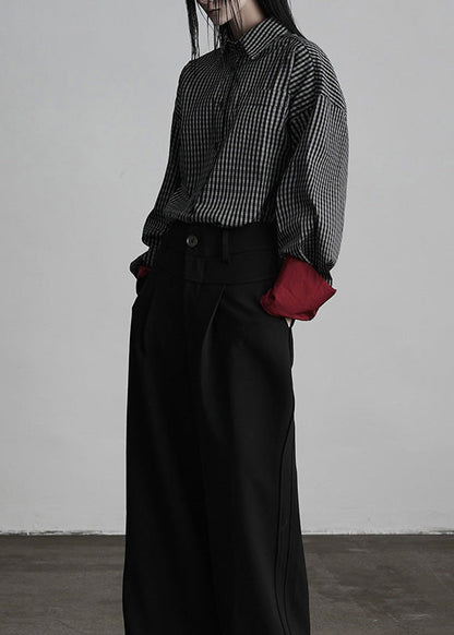 Chic Black Peter Pan Collar Plaid Button Cotton Shirts Spring