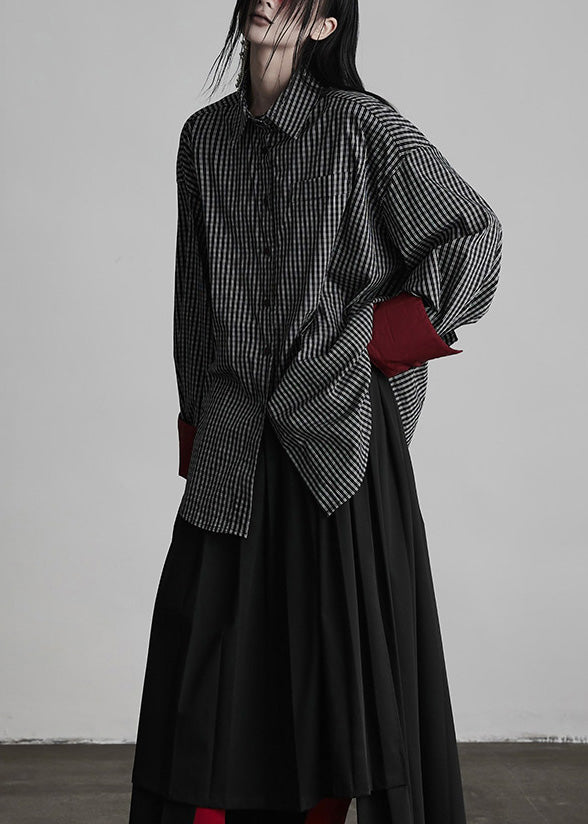 Chic Black Peter Pan Collar Plaid Button Cotton Shirts Spring