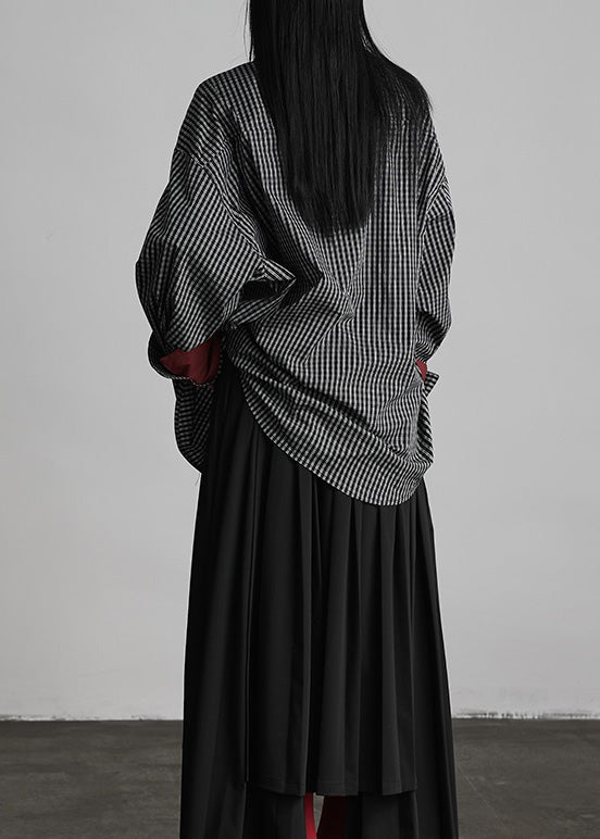 Chic Black Peter Pan Collar Plaid Button Cotton Shirts Spring