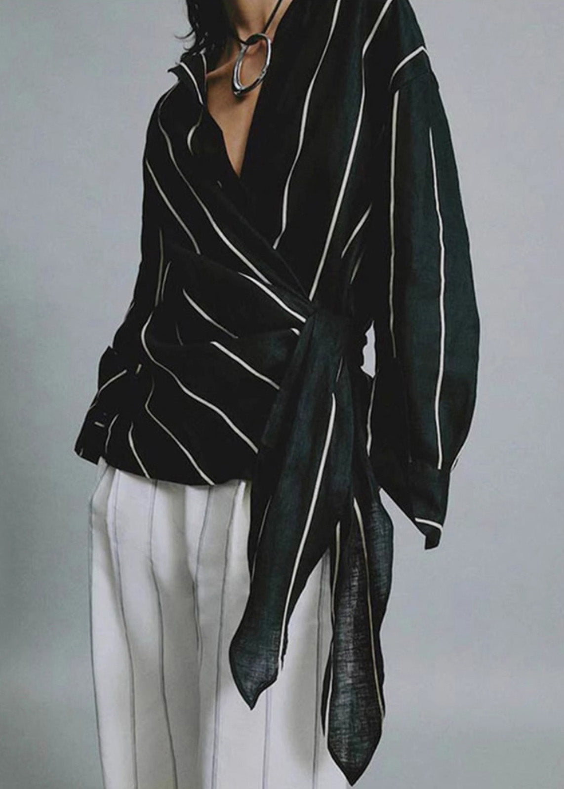 Chic Black Peter Pan Collar Striped Lace Up Linen Tops Fall