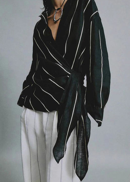 Chic Black Peter Pan Collar Striped Lace Up Linen Tops Fall