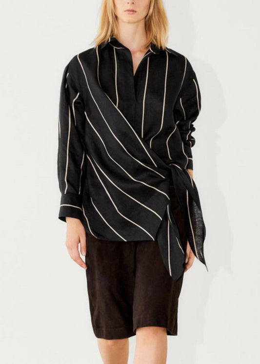 Chic Black Peter Pan Collar Striped Lace Up Linen Tops Fall