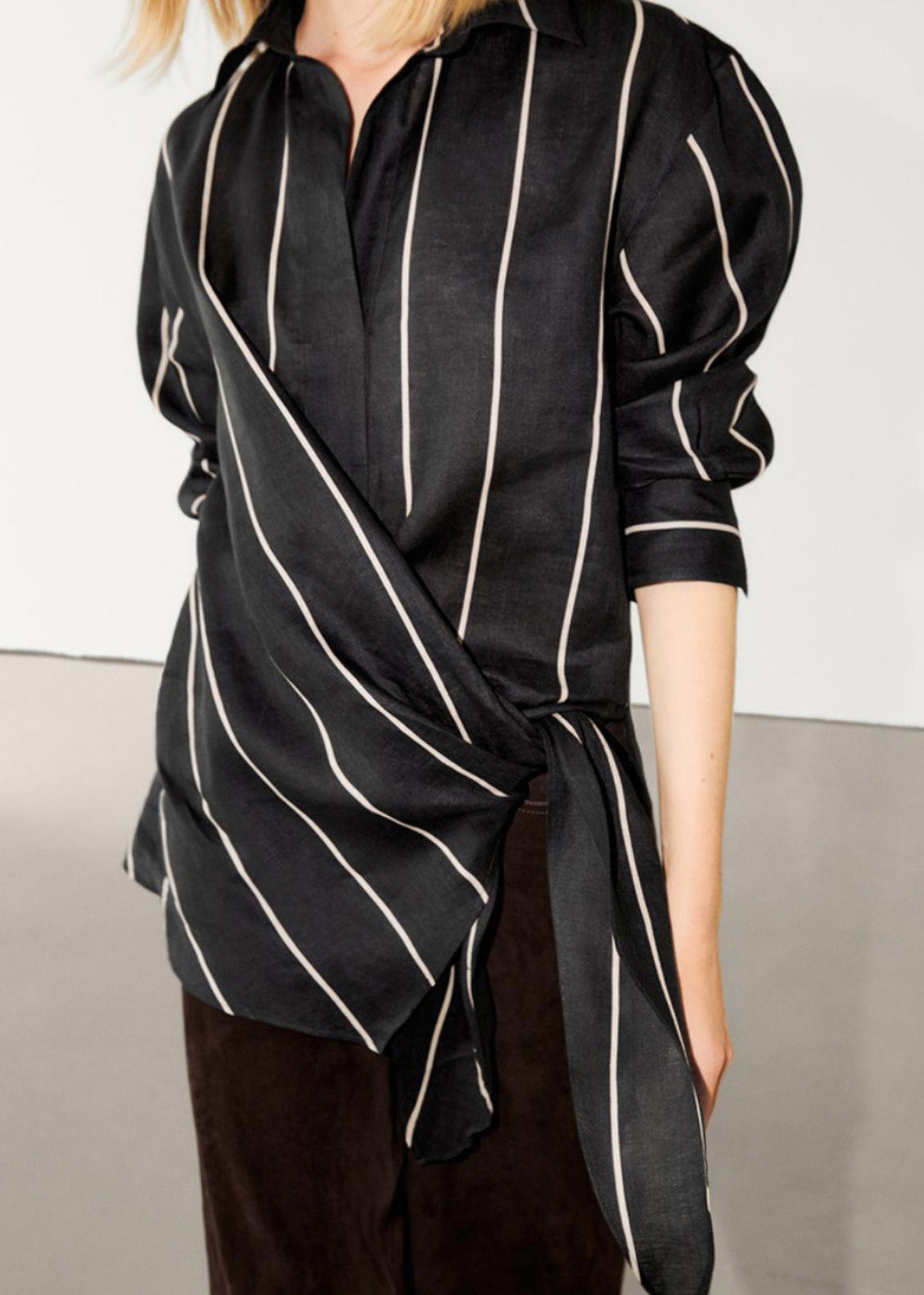 Chic Black Peter Pan Collar Striped Lace Up Linen Tops Fall