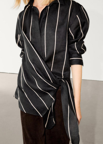 Chic Black Peter Pan Collar Striped Lace Up Linen Tops Fall