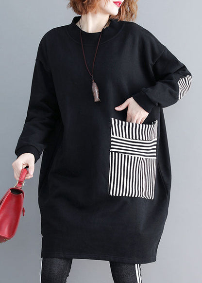 Chic Schwarz Taschen Patchwork Warme Fleece Sweatshirts kleid Winter