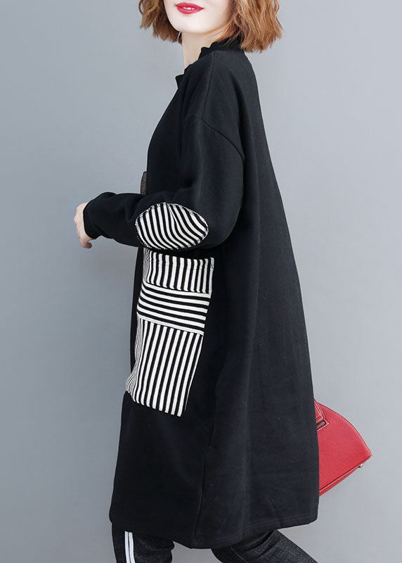 Chic Schwarz Taschen Patchwork Warme Fleece Sweatshirts kleid Winter