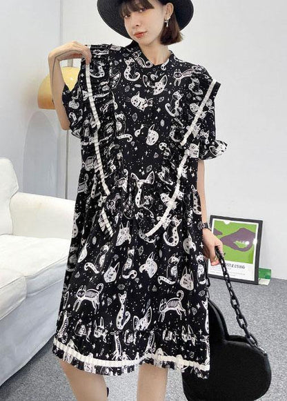 Chic Black Print Asymmetric Short Sleeve Dress - SooLinen