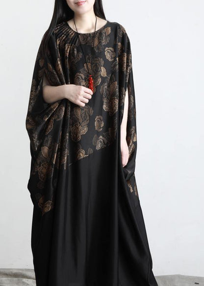 Chic Black Print Patchwork Batwing Sleeve Party Summer Chiffon Dress - SooLinen