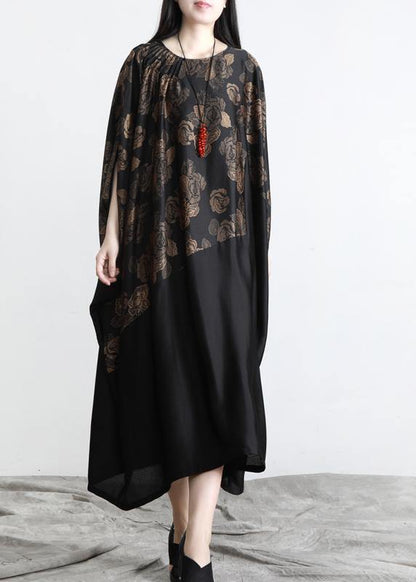 Chic Black Print Patchwork Batwing Sleeve Party Summer Chiffon Dress - SooLinen
