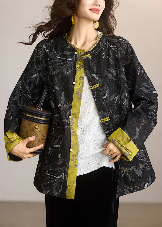 Chic Black Print Patchwork Chinese Button Denim Jackets Spring