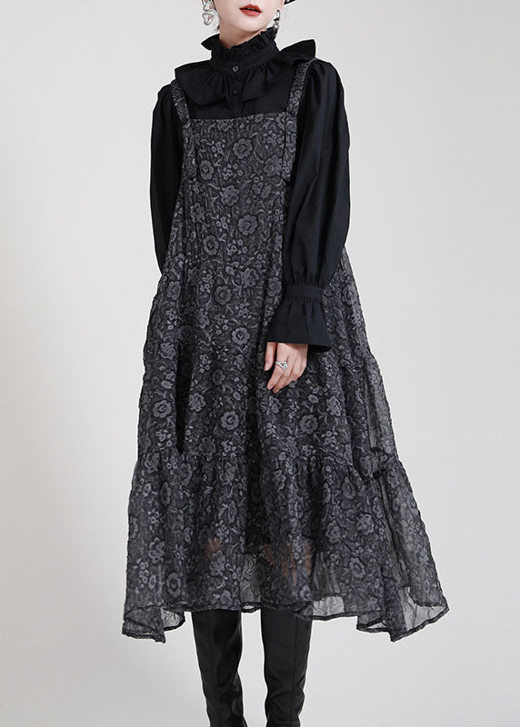 Schickes schwarzes Patchwork-Kreis-Herbstkleid mit Print