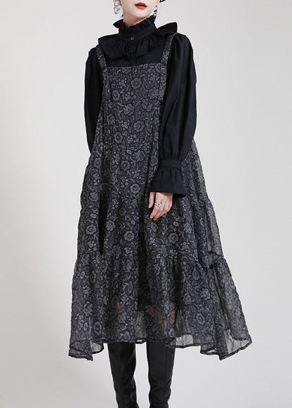 Schickes schwarzes Patchwork-Kreis-Herbstkleid mit Print