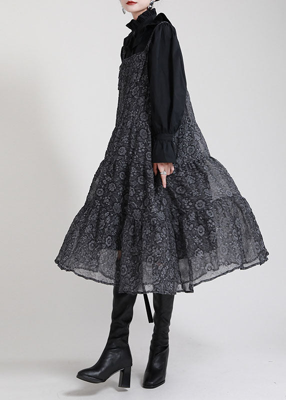 Schickes schwarzes Patchwork-Kreis-Herbstkleid mit Print