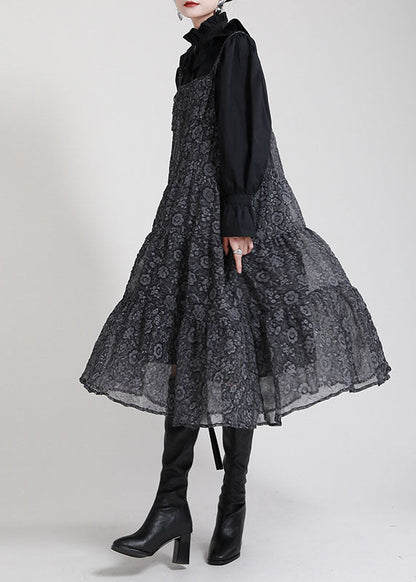 Schickes schwarzes Patchwork-Kreis-Herbstkleid mit Print