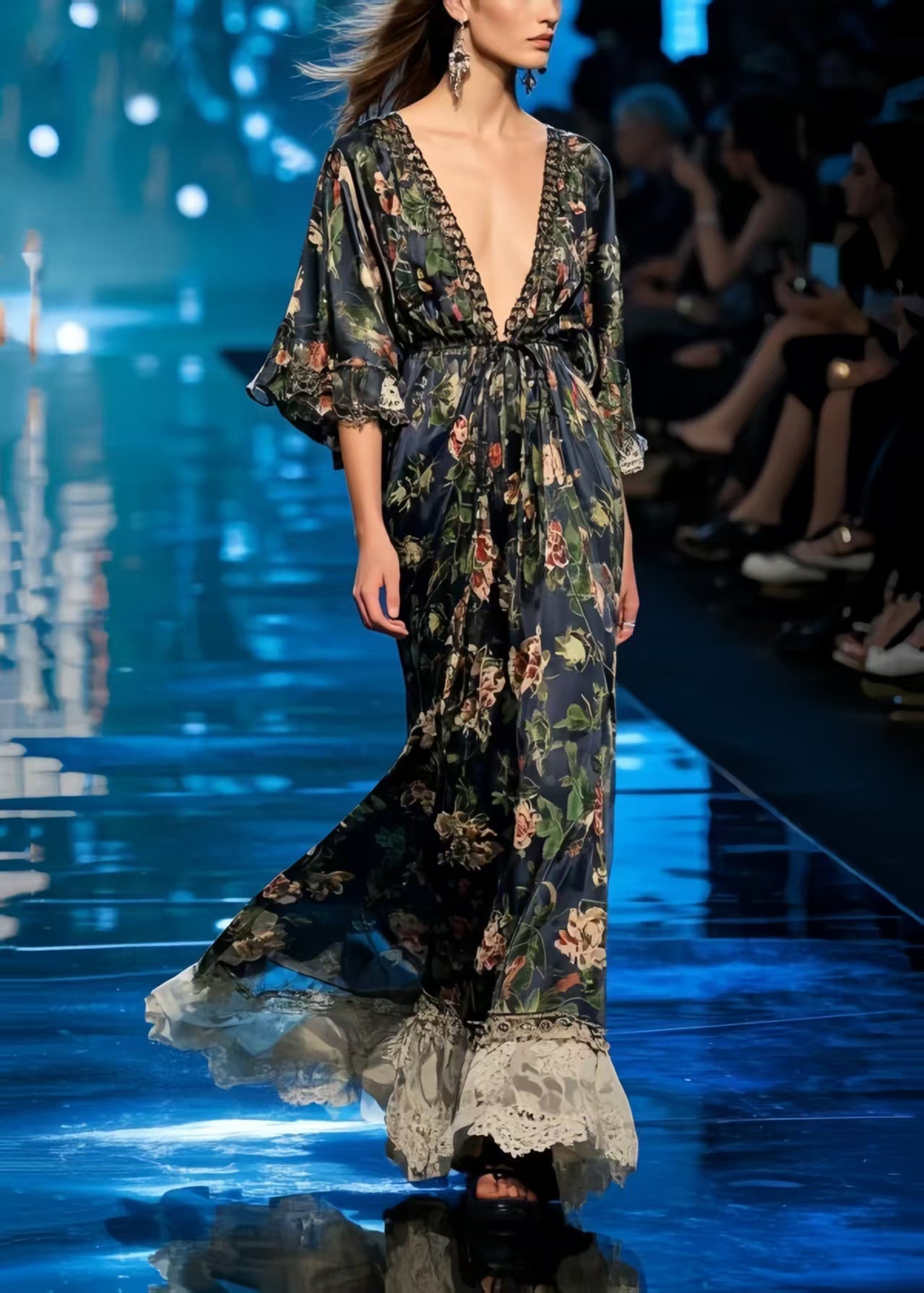 Chic Black Print Patchwork Lace Chiffon Tunic Dress Summer