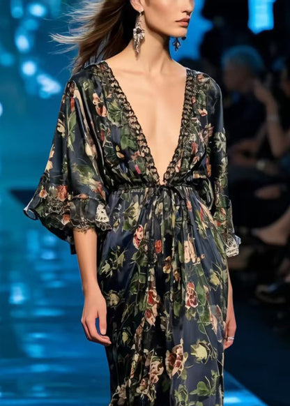 Chic Black Print Patchwork Lace Chiffon Tunic Dress Summer