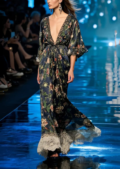 Chic Black Print Patchwork Lace Chiffon Tunic Dress Summer